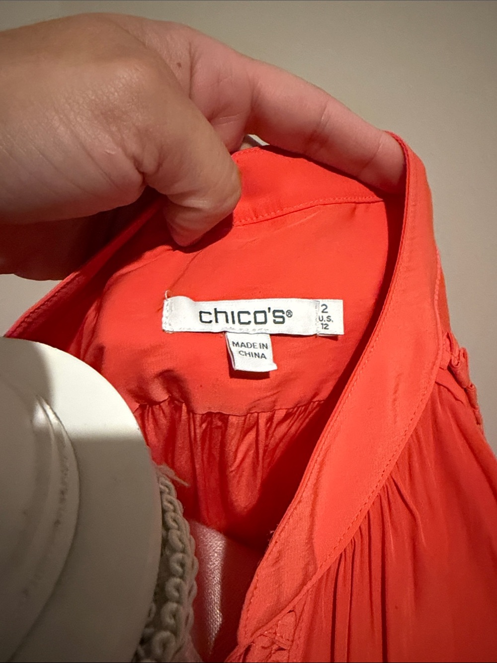 Chico's Bright Orange V-Neck Braided-Trim Blouse - Picture 2 of 9